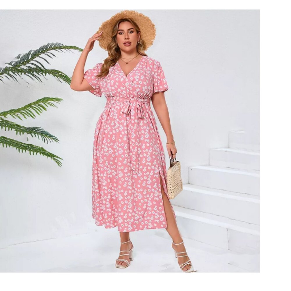 Women Plus Size Maxi Dress V Neck Summer Dress Short Sleeve with Belt